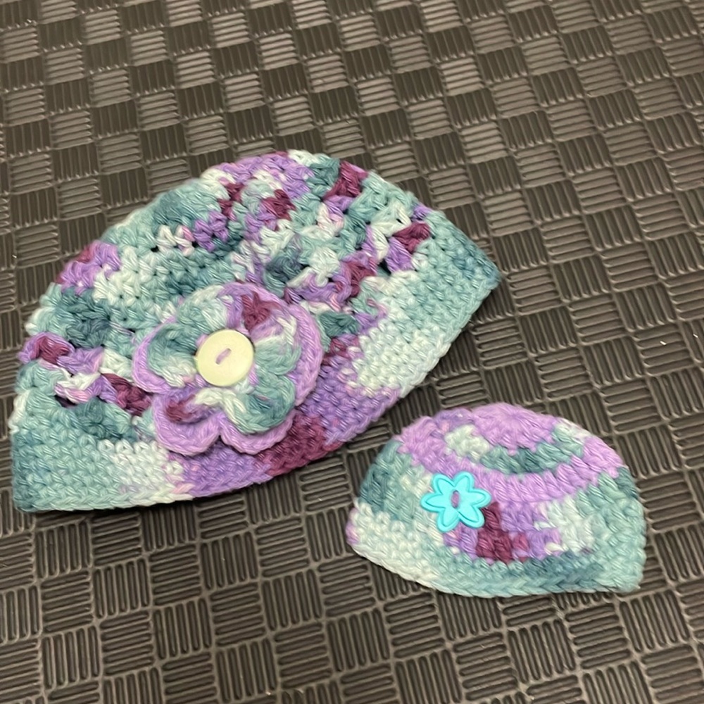 matching crochet hats one for child and other for their doll
